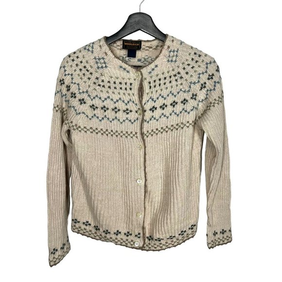 Vintage 90s Woolrich Beige Nordic Print Button Up Lambswool Blend Cardigan Mediu - Picture 1 of 5